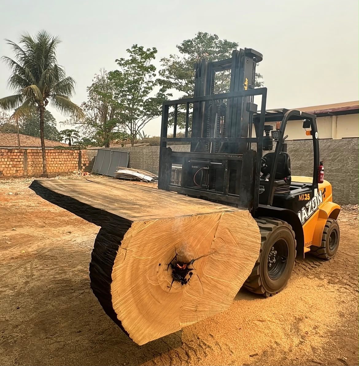 Tronco de madeira na oficina da Amazon Wood and Beef